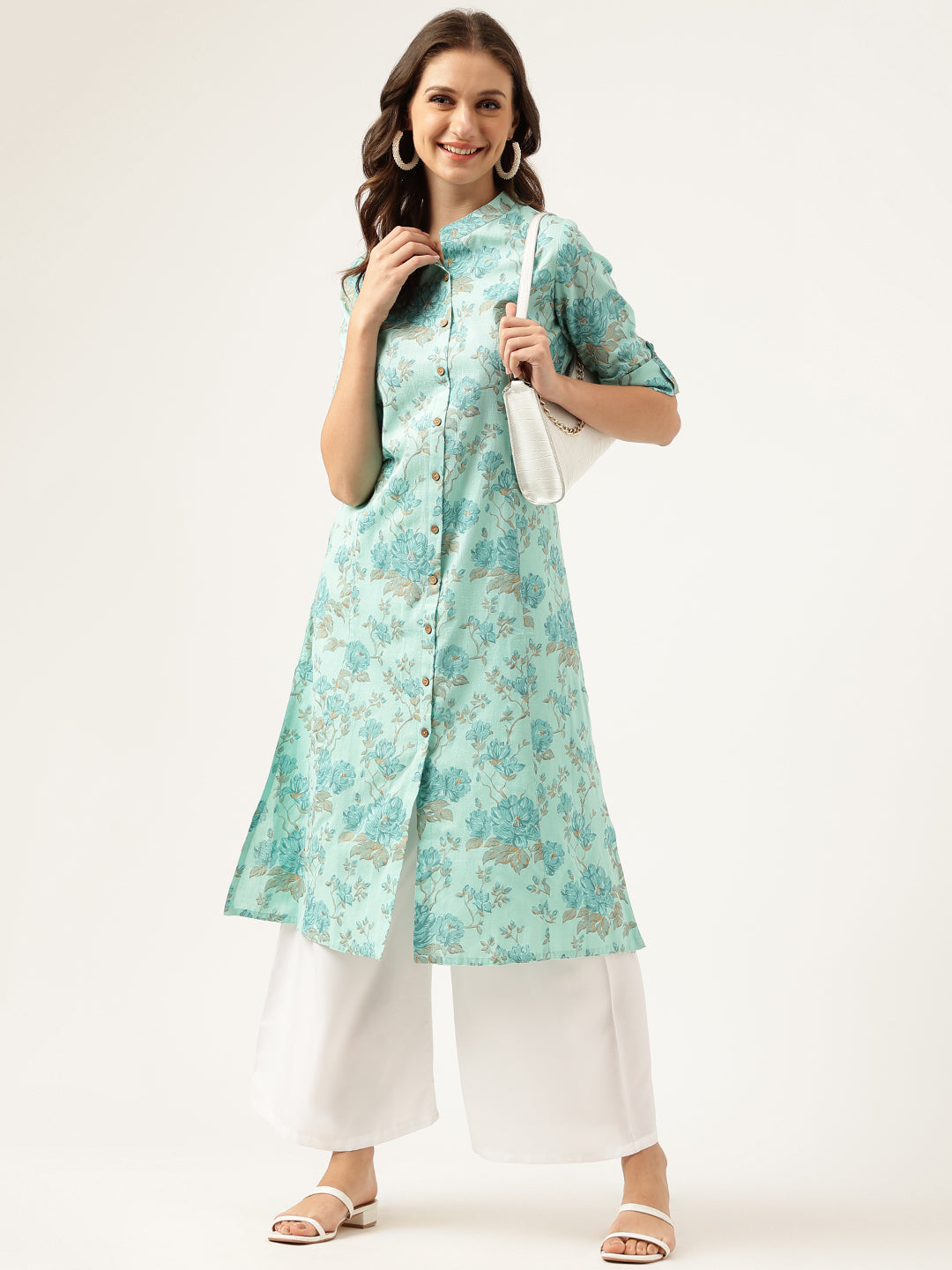 Women's Sea Green Floral Printed Cotton A-Line Kurta - Taantav