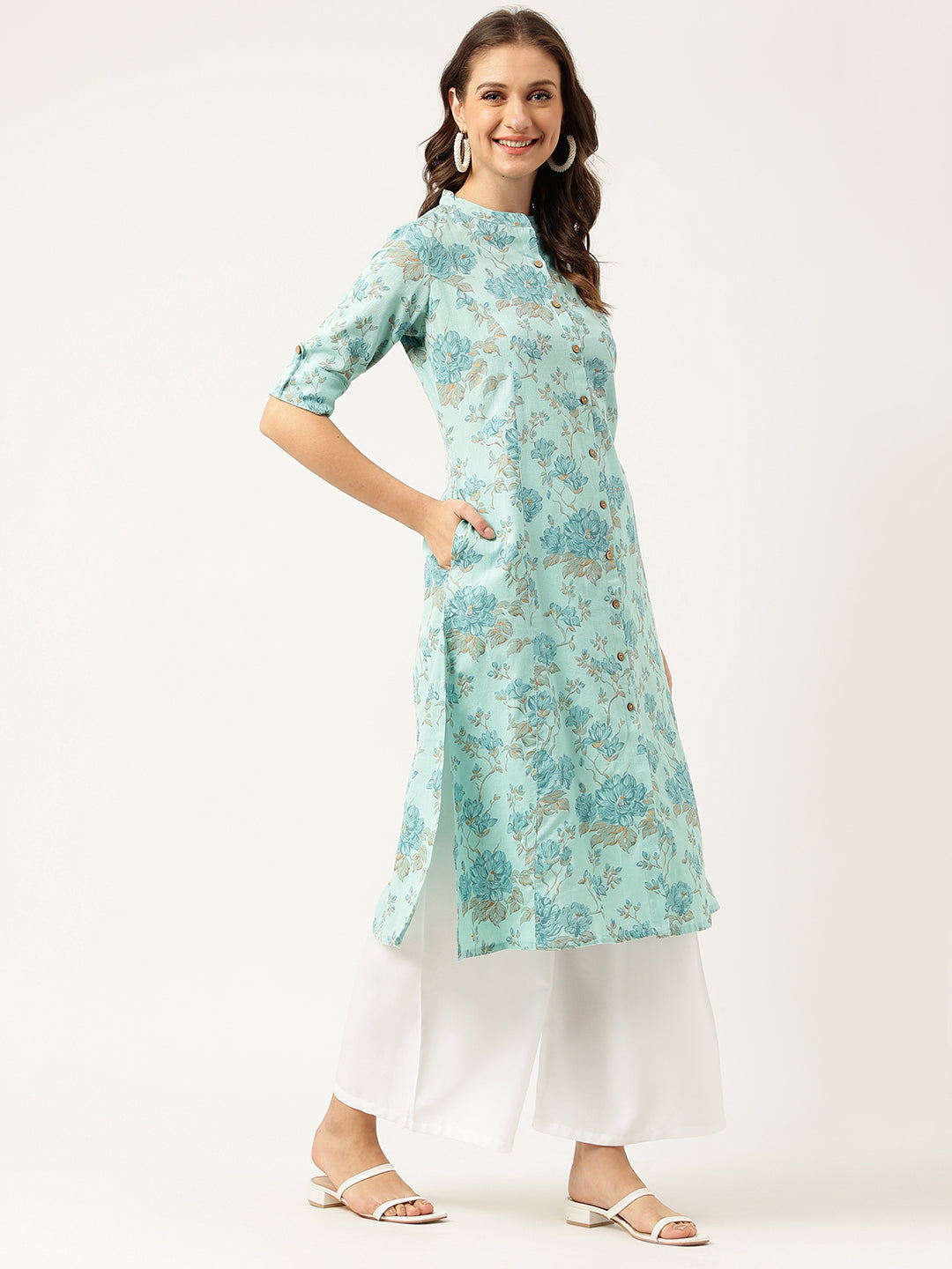 Women's Sea Green Floral Printed Cotton A-Line Kurta - Taantav