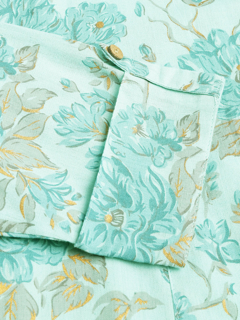 Women's Sea Green Floral Printed Cotton A-Line Kurta