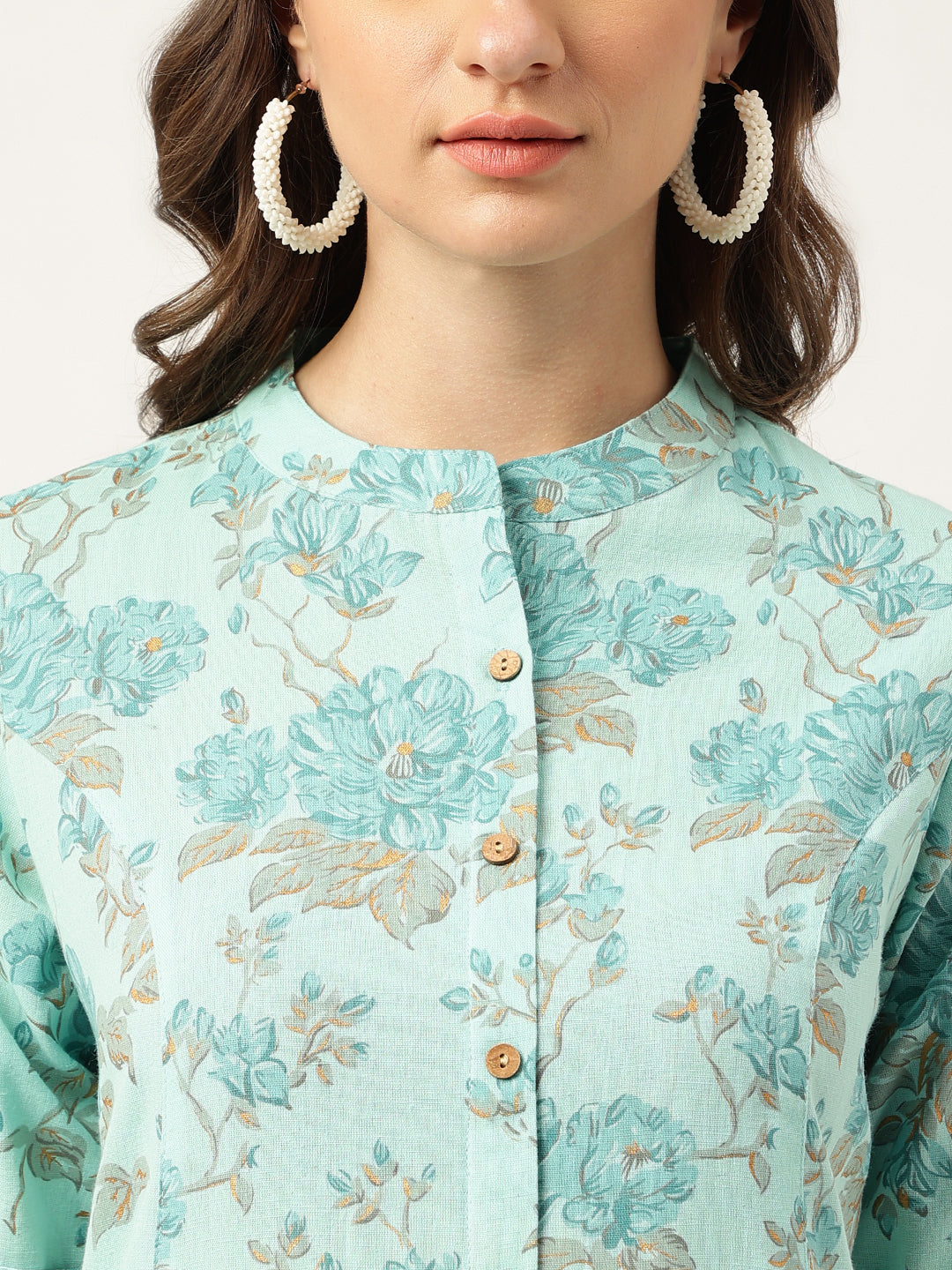 Women's Sea Green Floral Printed Cotton A-Line Kurta - Taantav