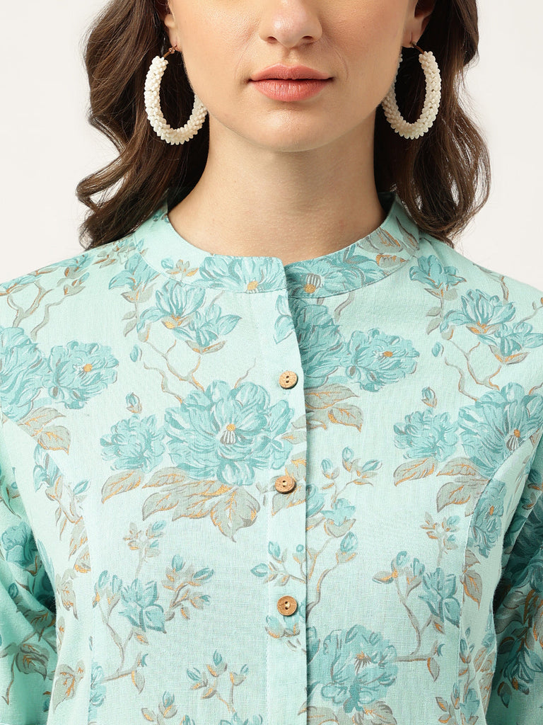 Women's Sea Green Floral Printed Cotton A-Line Kurta