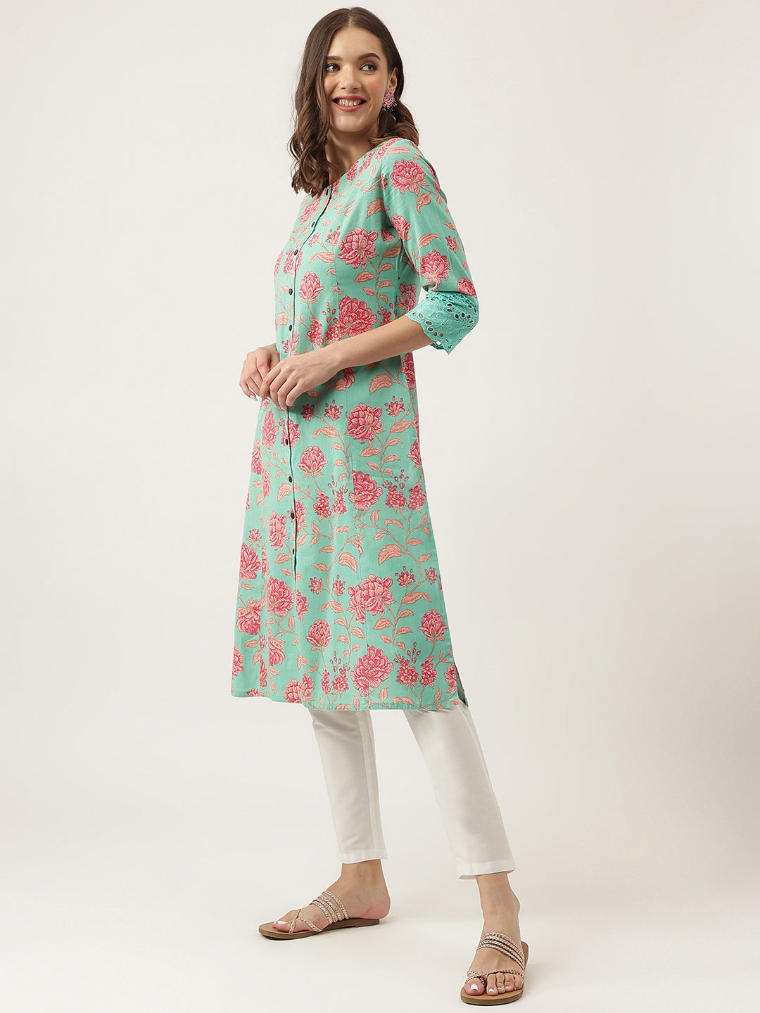 Women's Green Floral Printed Cotton A-Line Kurta - Taantav