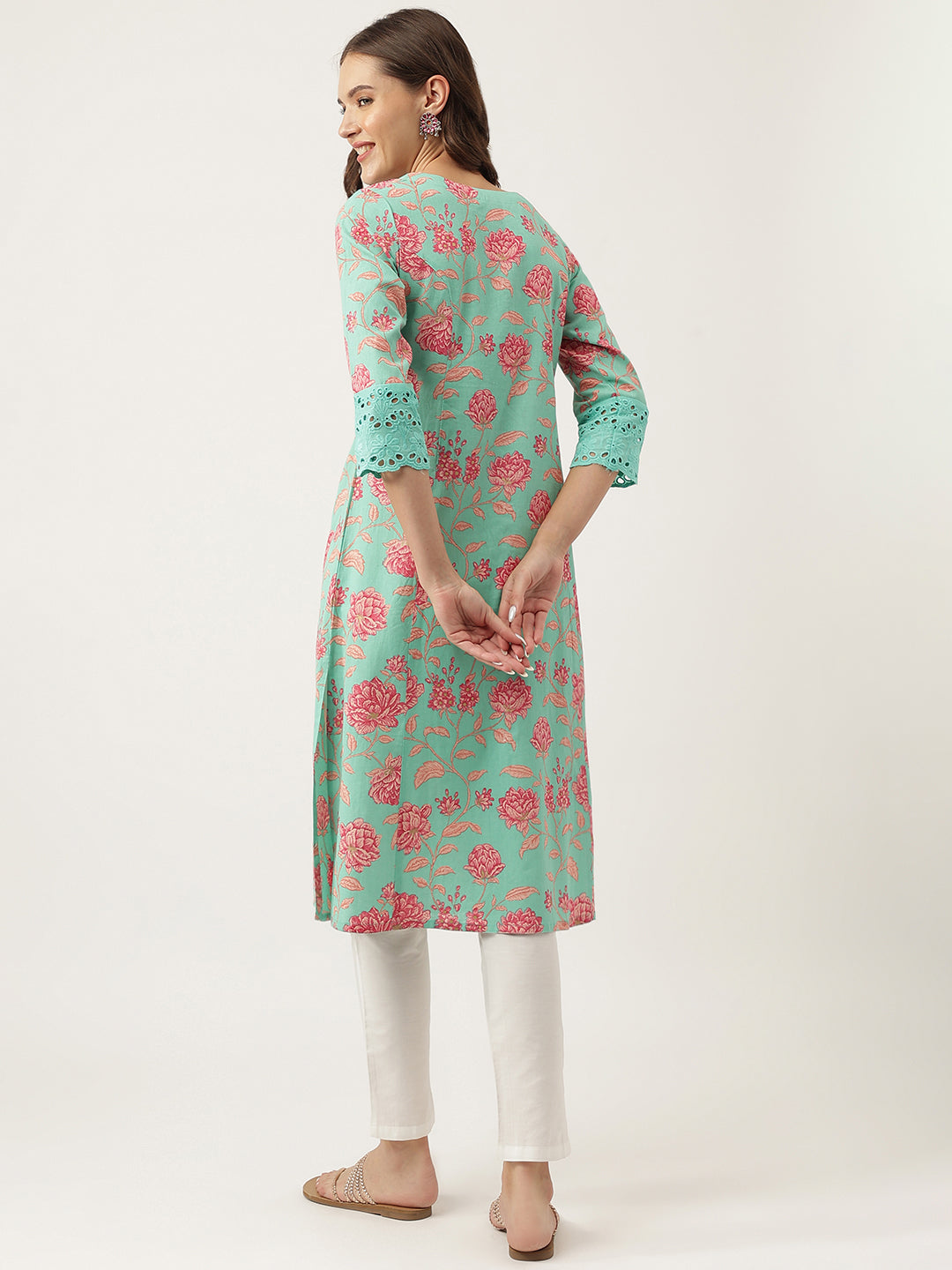 Women's Green Floral Printed Cotton A-Line Kurta - Taantav