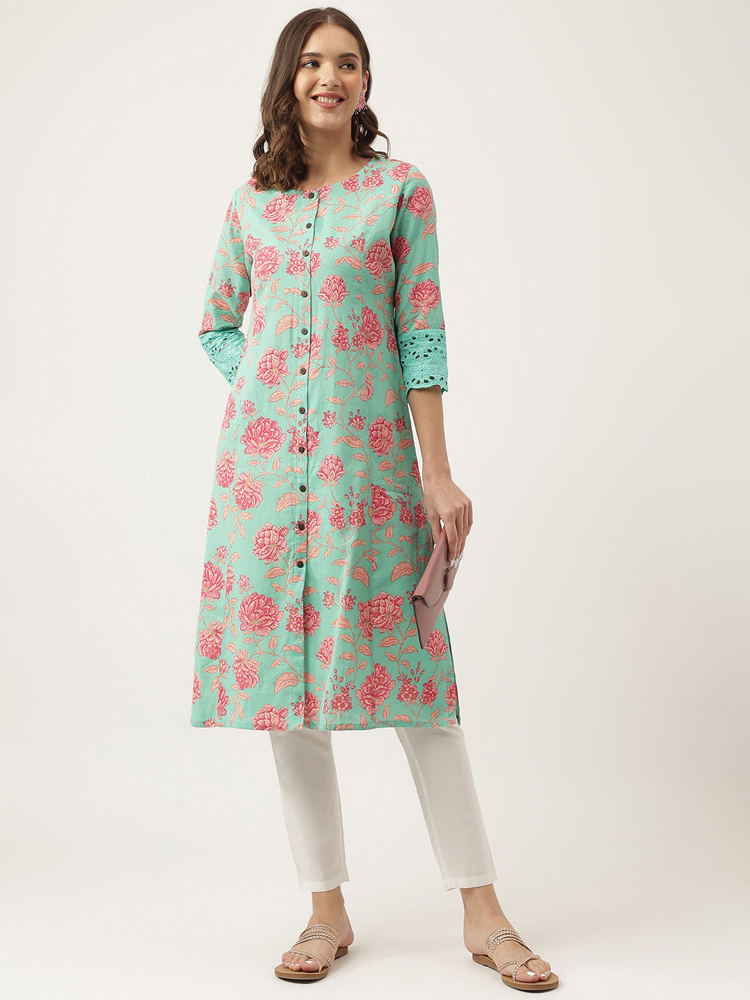 Women's Green Floral Printed Cotton A-Line Kurta - Taantav