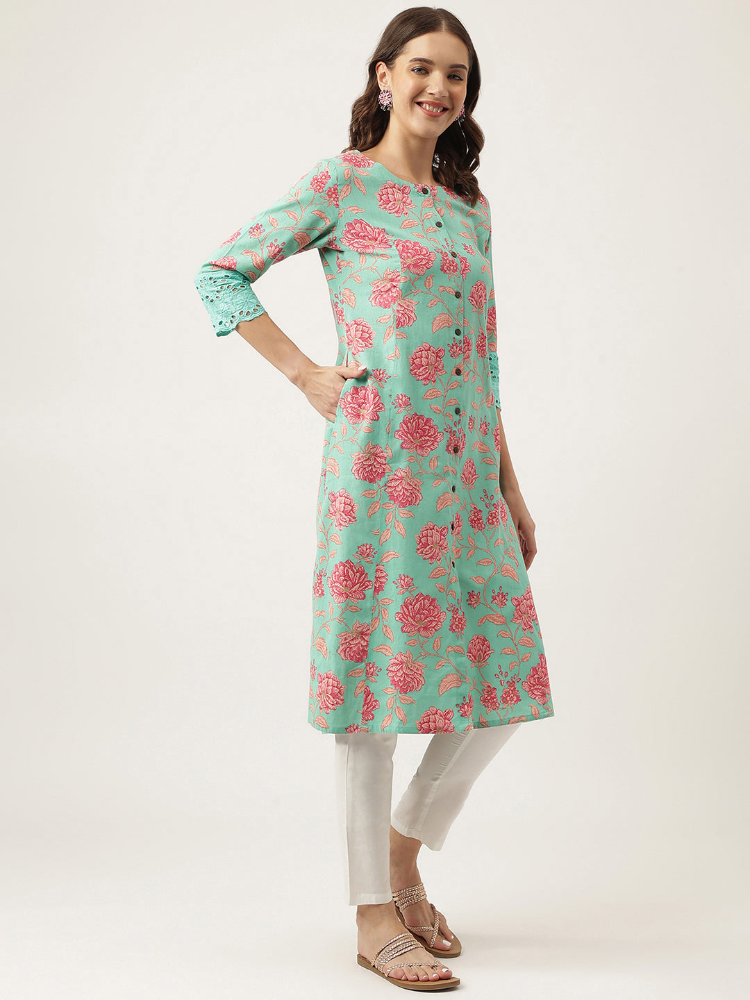 Women's Green Floral Printed Cotton A-Line Kurta - Taantav