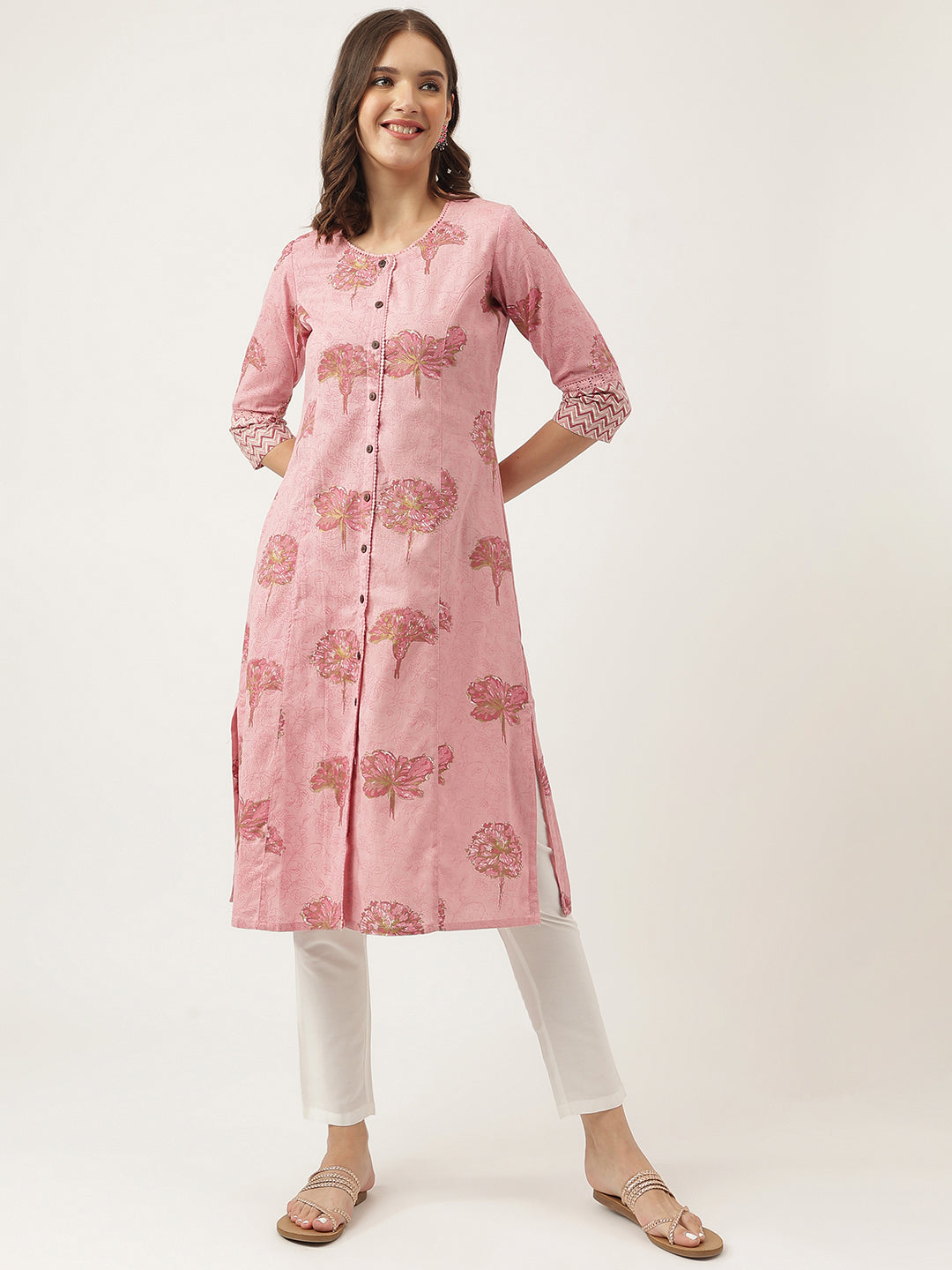 Women's Magenta Floral Printed Cotton A-Line Kurta - Taantav