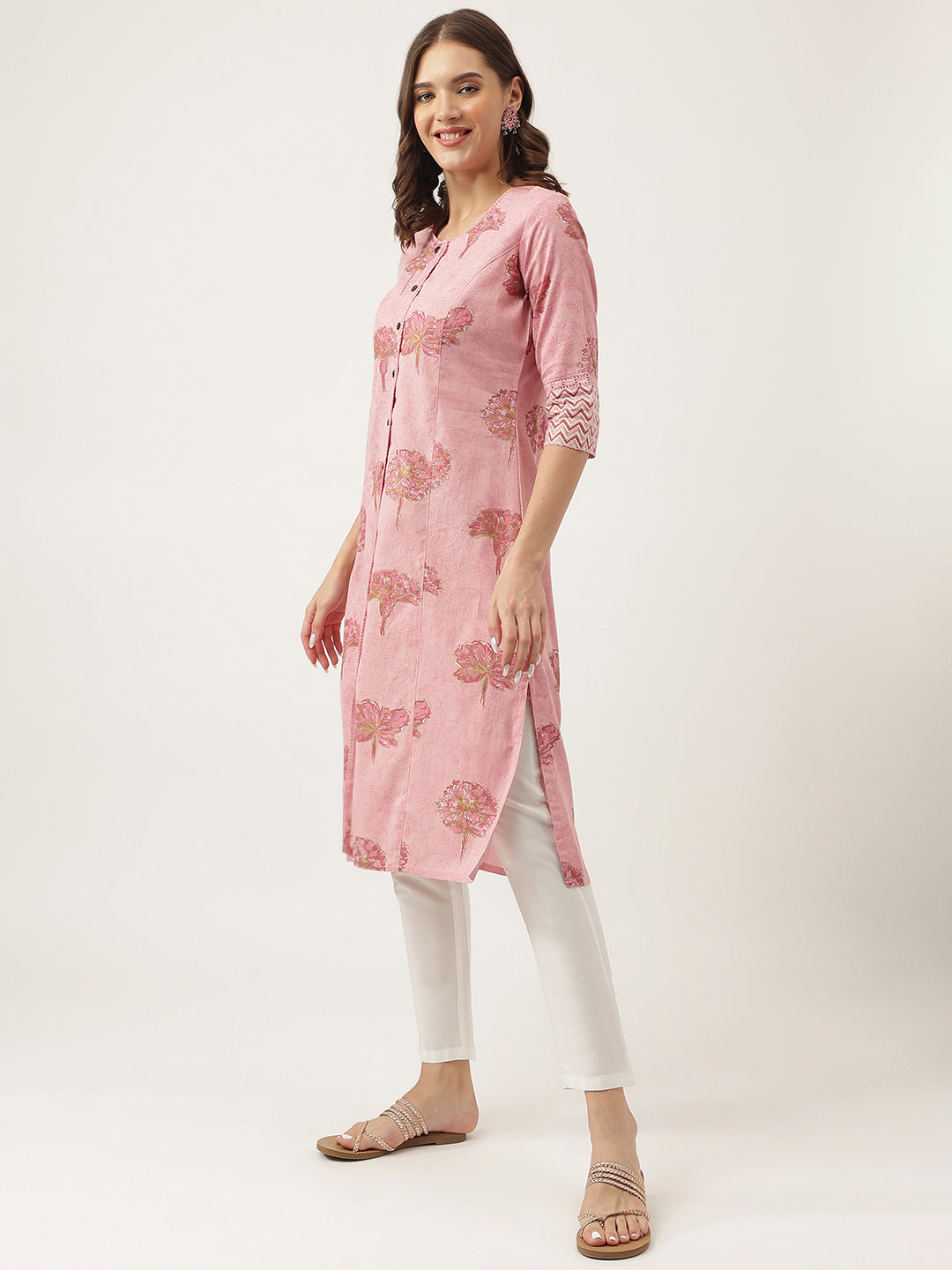 Women's Magenta Floral Printed Cotton A-Line Kurta - Taantav