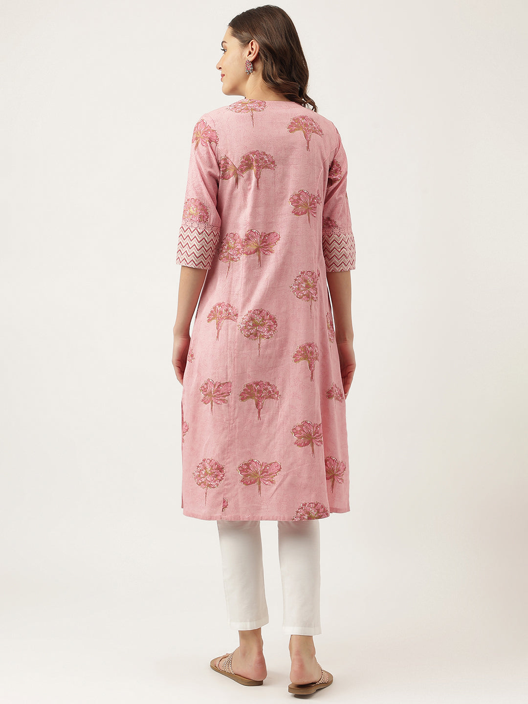 Women's Magenta Floral Printed Cotton A-Line Kurta - Taantav