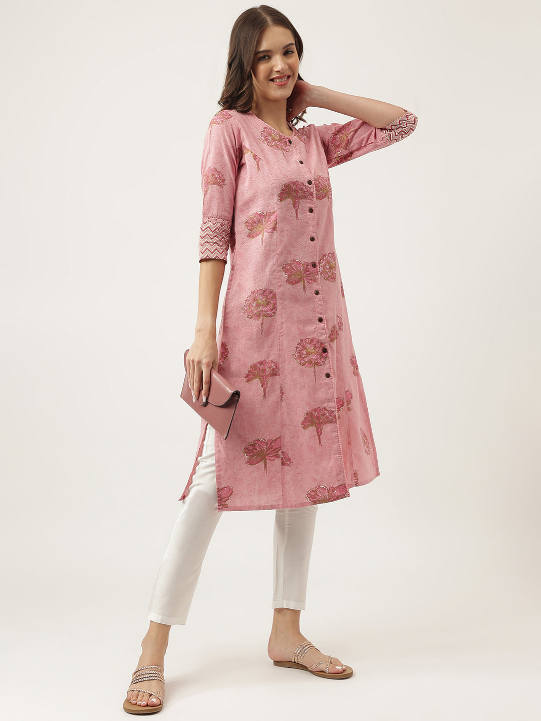 Women's Magenta Floral Printed Cotton A-Line Kurta - Taantav