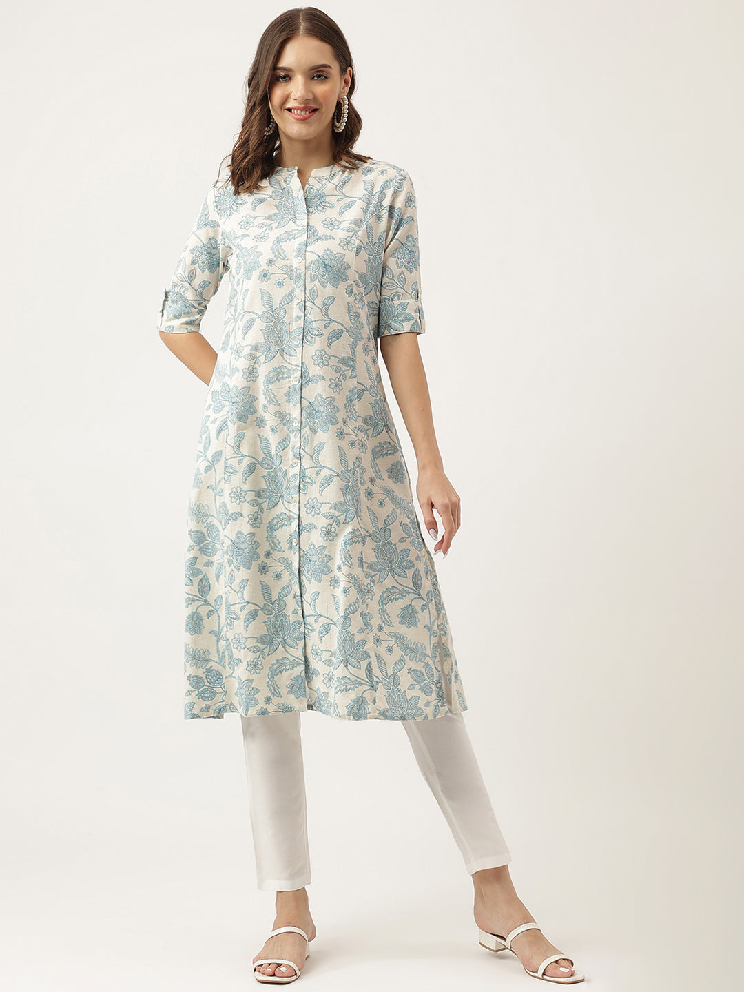 Women's Sky blue Floral Printed Cotton A-Line Kurta - Taantav