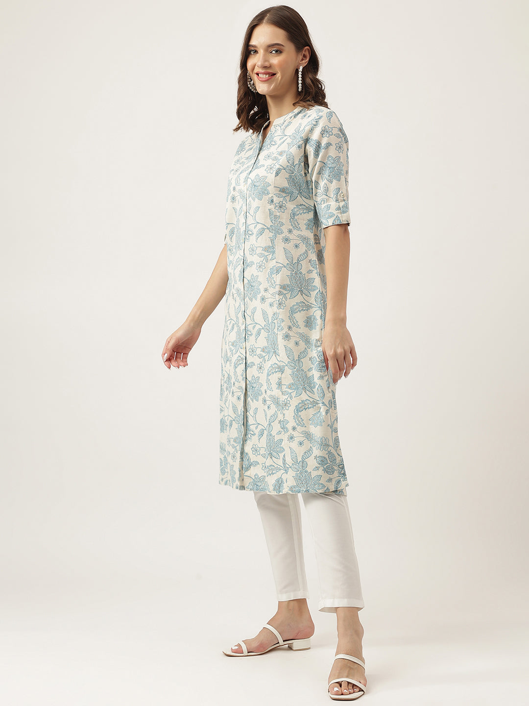 Women's Sky blue Floral Printed Cotton A-Line Kurta - Taantav