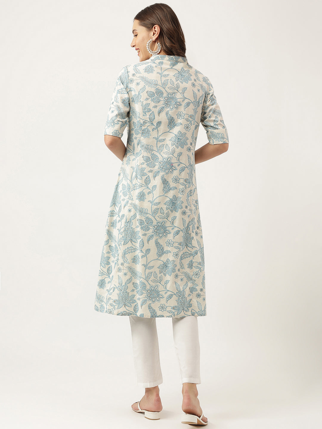 Women's Sky blue Floral Printed Cotton A-Line Kurta - Taantav