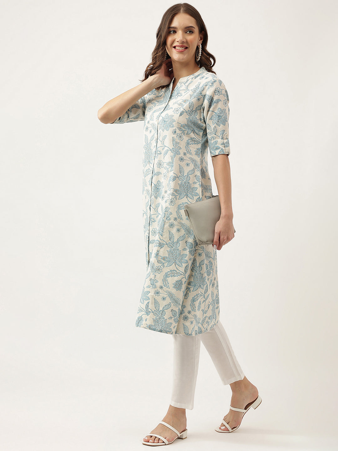 Women's Sky blue Floral Printed Cotton A-Line Kurta - Taantav