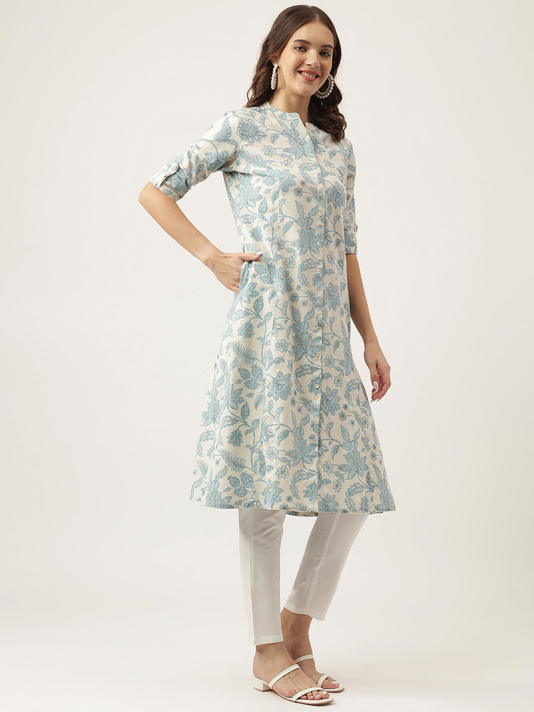 Women's Sky blue Floral Printed Cotton A-Line Kurta - Taantav