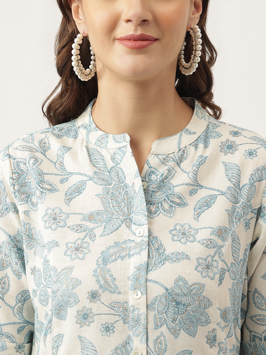 Women's Sky blue Floral Printed Cotton A-Line Kurta - Taantav