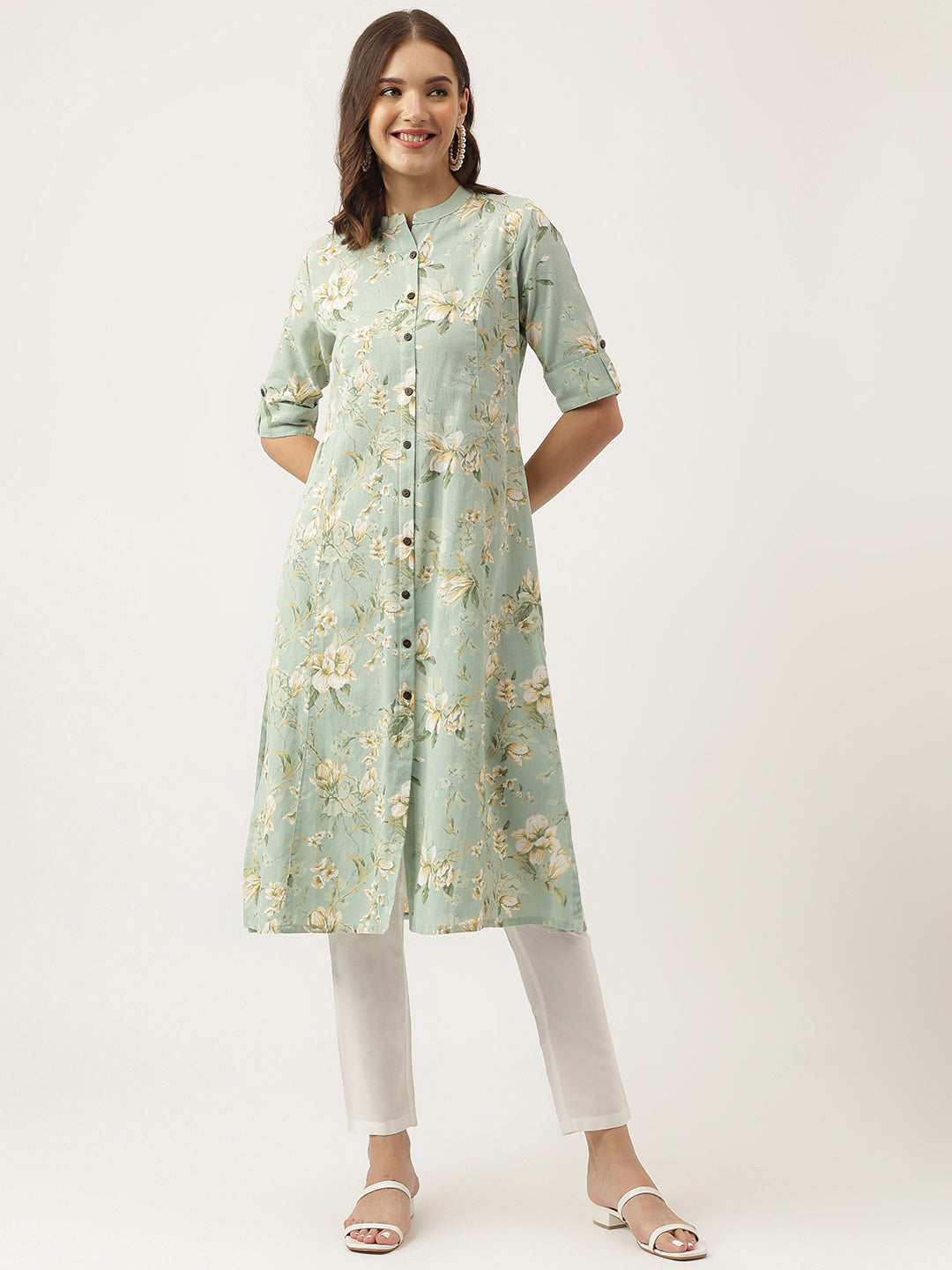 Women's Green Cotton Ethnic Motifs Floral Print Kurta - Taantav