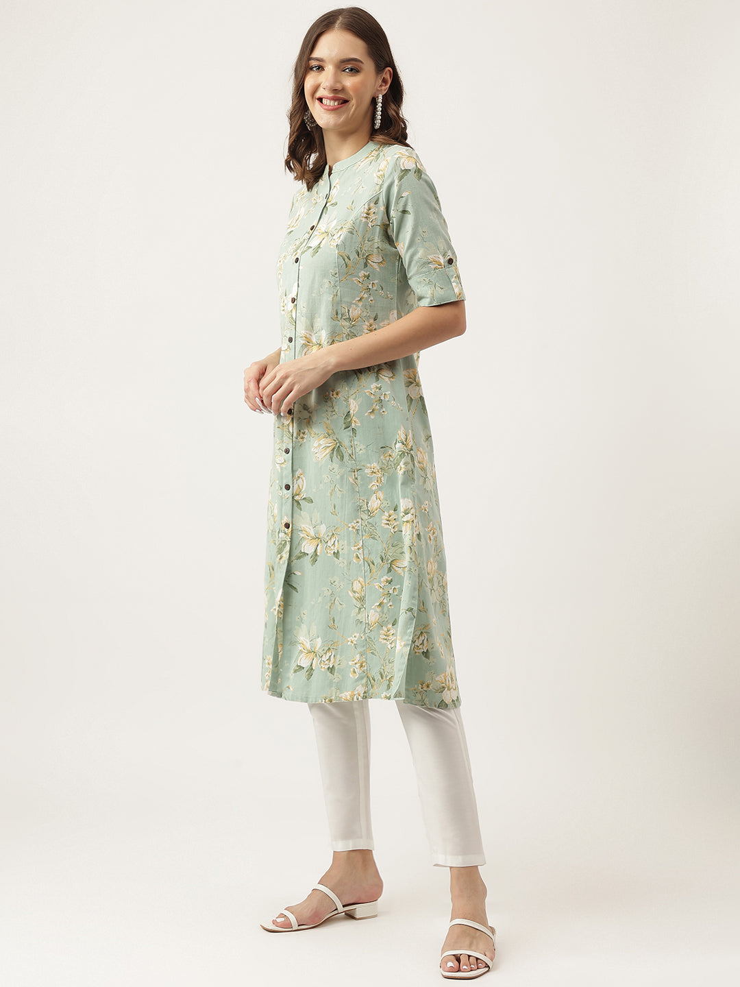 Women's Green Cotton Ethnic Motifs Floral Print Kurta - Taantav