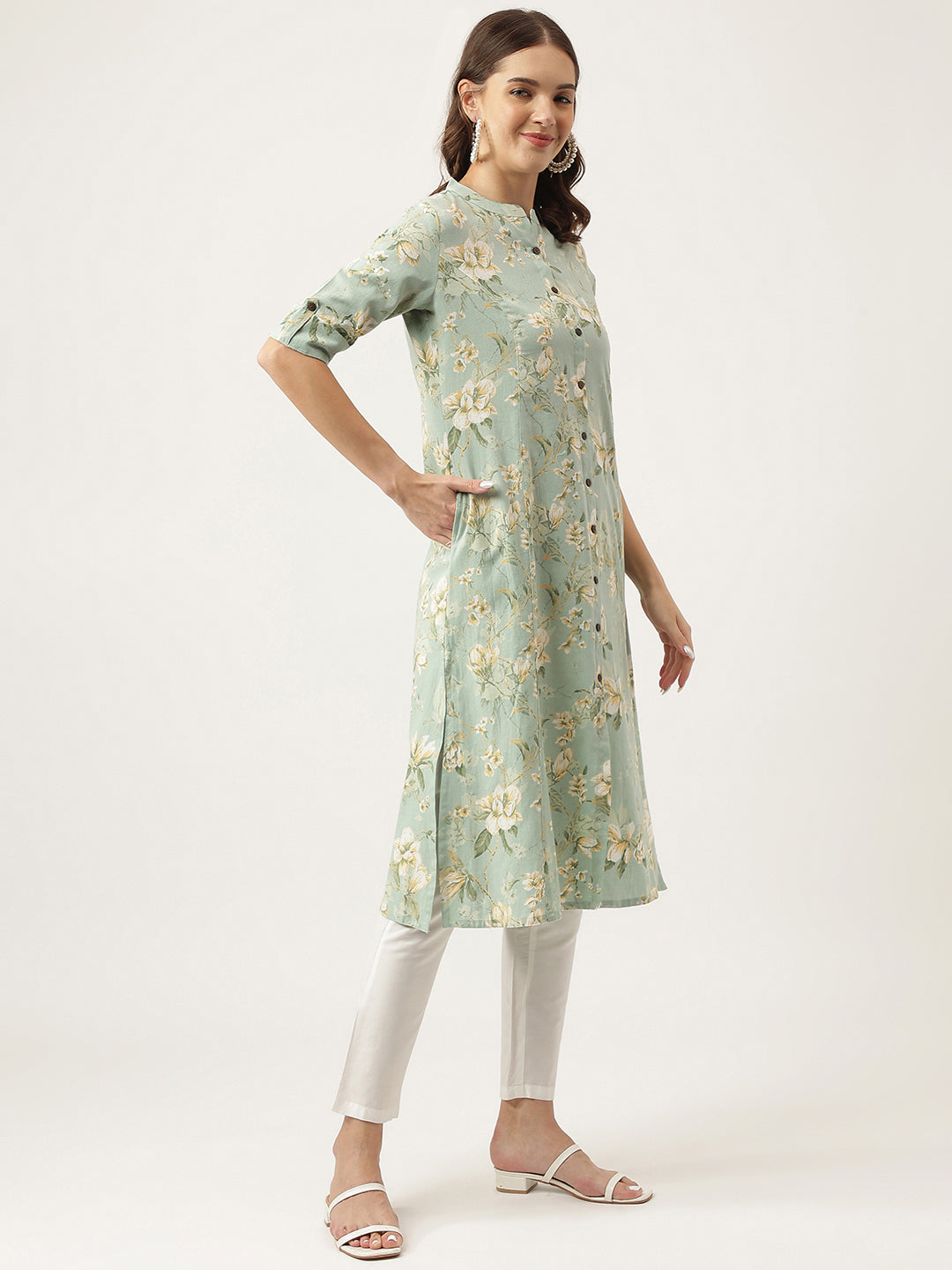 Women's Green Cotton Ethnic Motifs Floral Print Kurta - Taantav