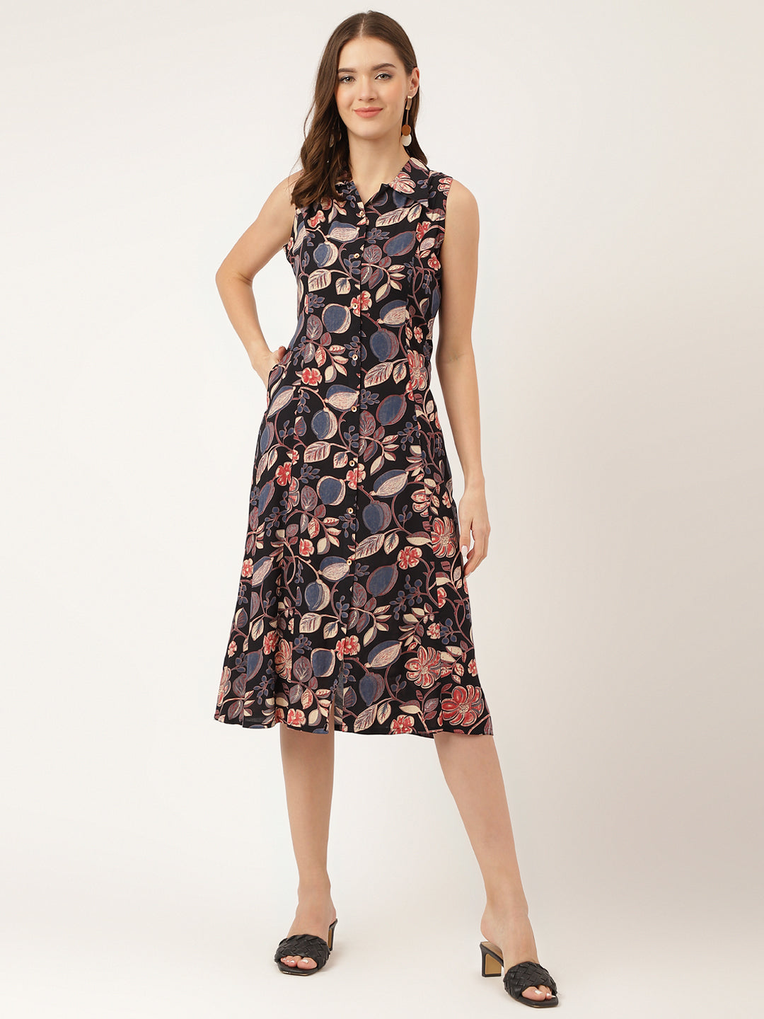 Women's Navy Blue Floral Print Rayon A-Line Midi Dress with Attached Sleeves for Women - Taantav