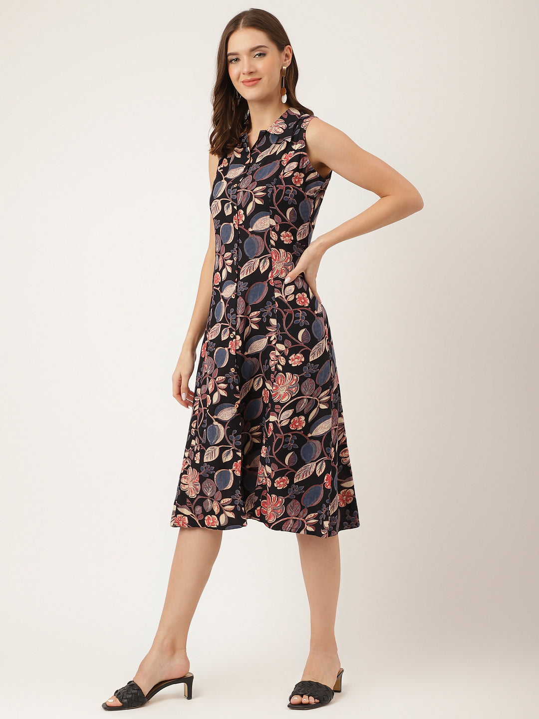 Women's Navy Blue Floral Print Rayon A-Line Midi Dress with Attached Sleeves for Women - Taantav