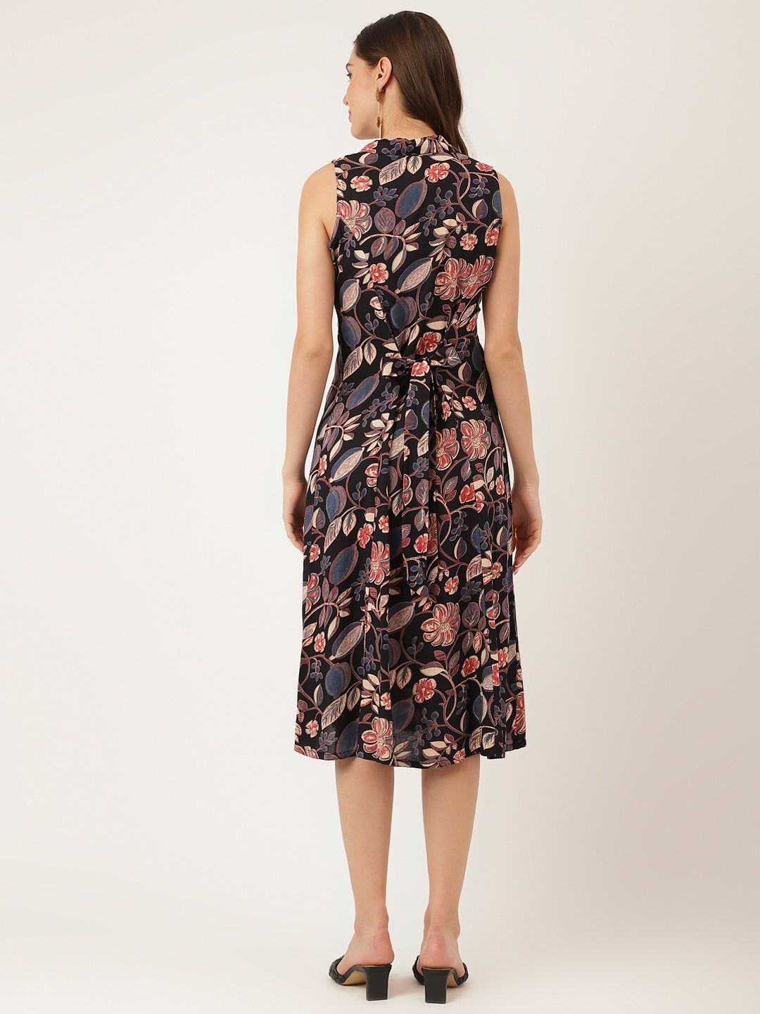 Women's Navy Blue Floral Print Rayon A-Line Midi Dress with Attached Sleeves for Women - Taantav