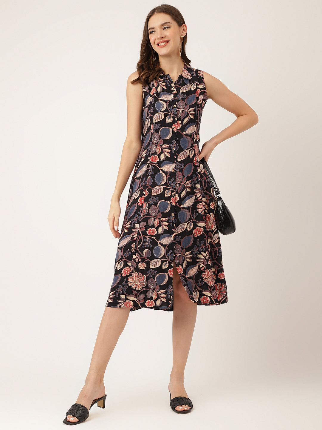 Women's Navy Blue Floral Print Rayon A-Line Midi Dress with Attached Sleeves for Women - Taantav