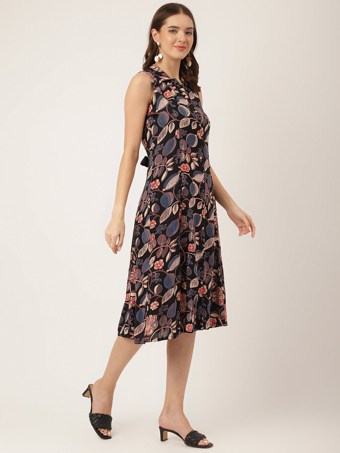 Women's Navy Blue Floral Print Rayon A-Line Midi Dress with Attached Sleeves for Women - Taantav