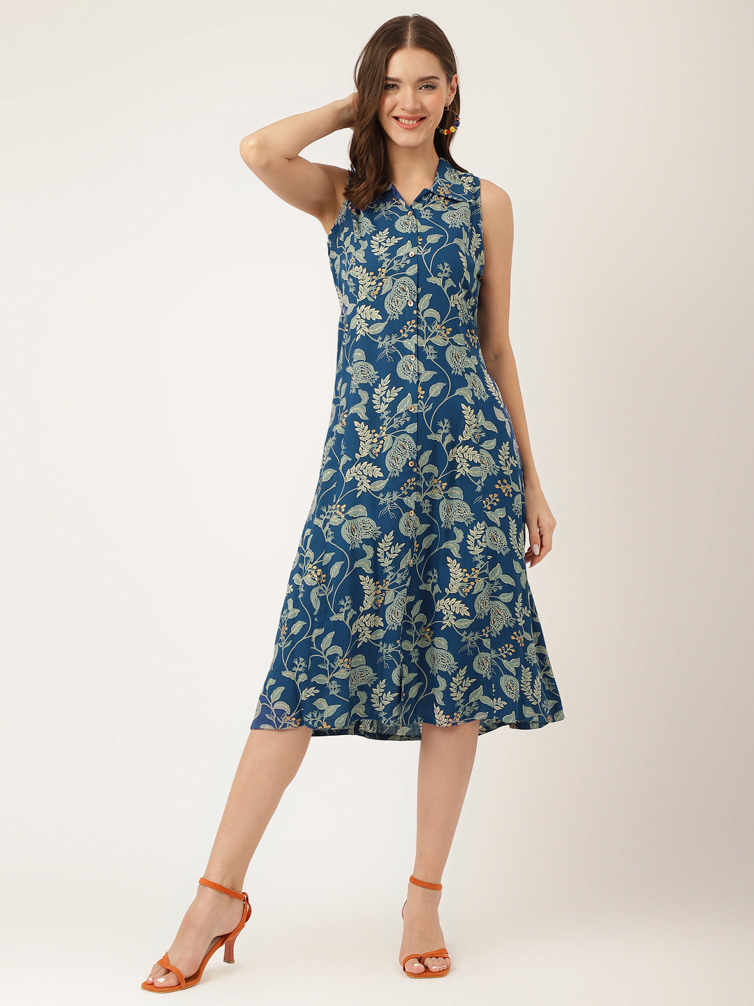 Women's Blue Floral Print Rayon A-Line Midi Dress with Attached Sleeves for Women - Taantav