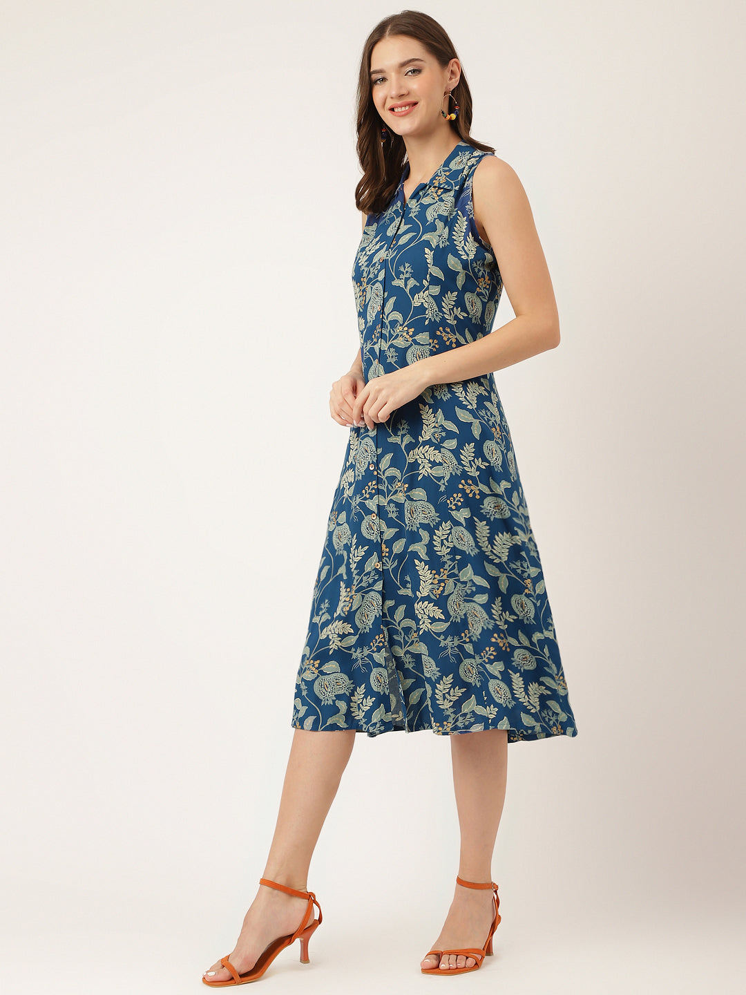 Women's Blue Floral Print Rayon A-Line Midi Dress with Attached Sleeves for Women - Taantav