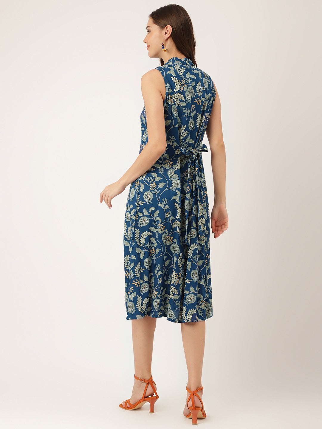 Women's Blue Floral Print Rayon A-Line Midi Dress with Attached Sleeves for Women - Taantav