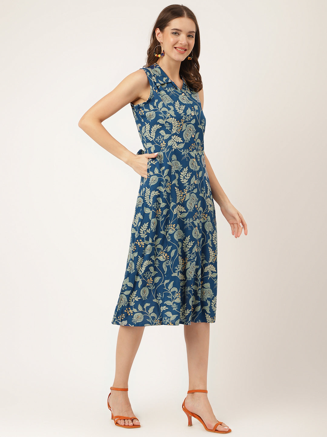 Women's Blue Floral Print Rayon A-Line Midi Dress with Attached Sleeves for Women - Taantav