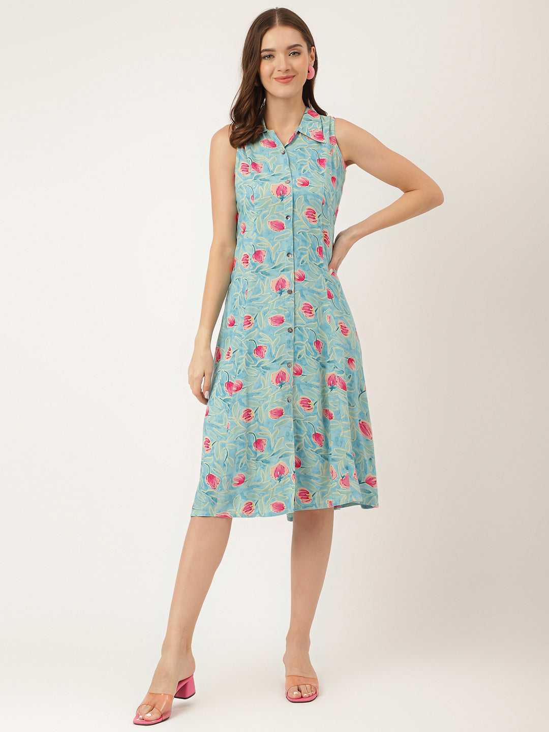 Women's Blue Floral Print Rayon A-Line Midi Dress with Attached Sleeves for Women - Taantav