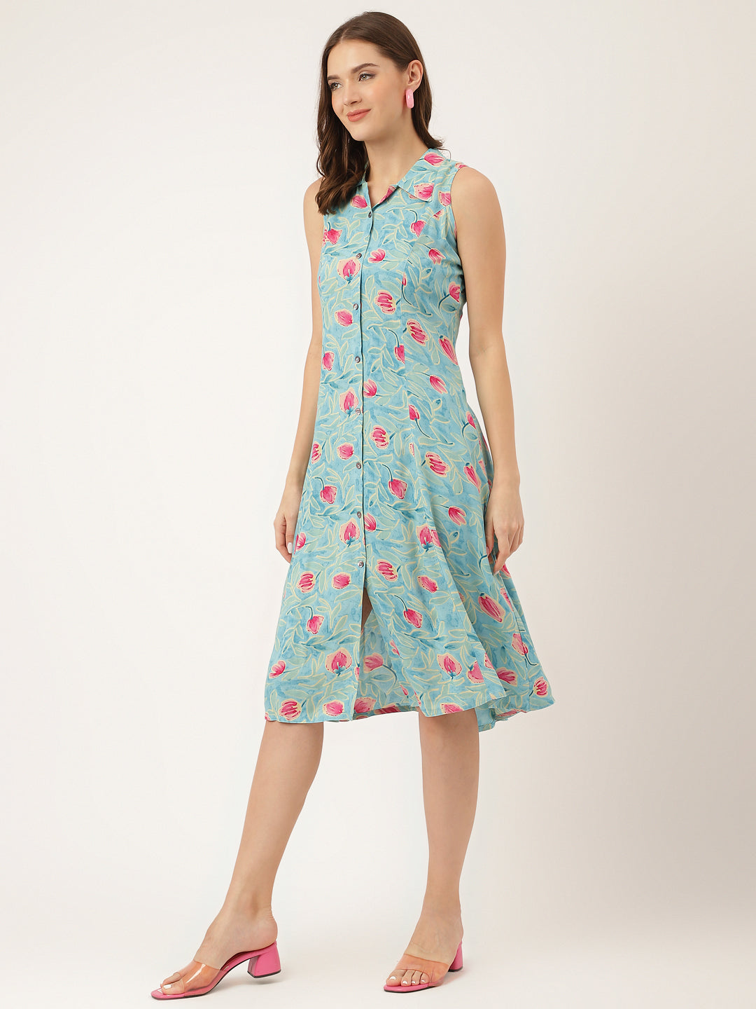 Women's Blue Floral Print Rayon A-Line Midi Dress with Attached Sleeves for Women - Taantav