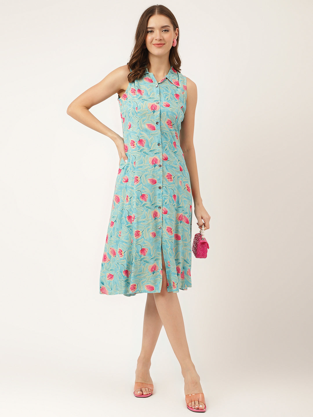 Women's Blue Floral Print Rayon A-Line Midi Dress with Attached Sleeves for Women - Taantav