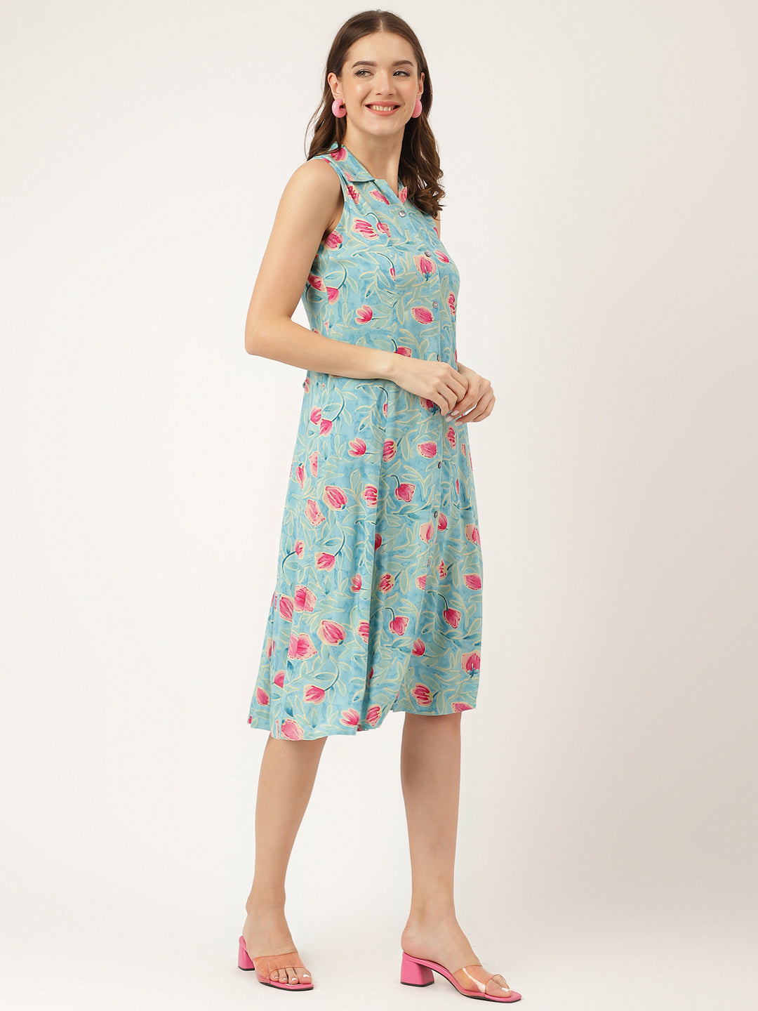 Women's Blue Floral Print Rayon A-Line Midi Dress with Attached Sleeves for Women - Taantav