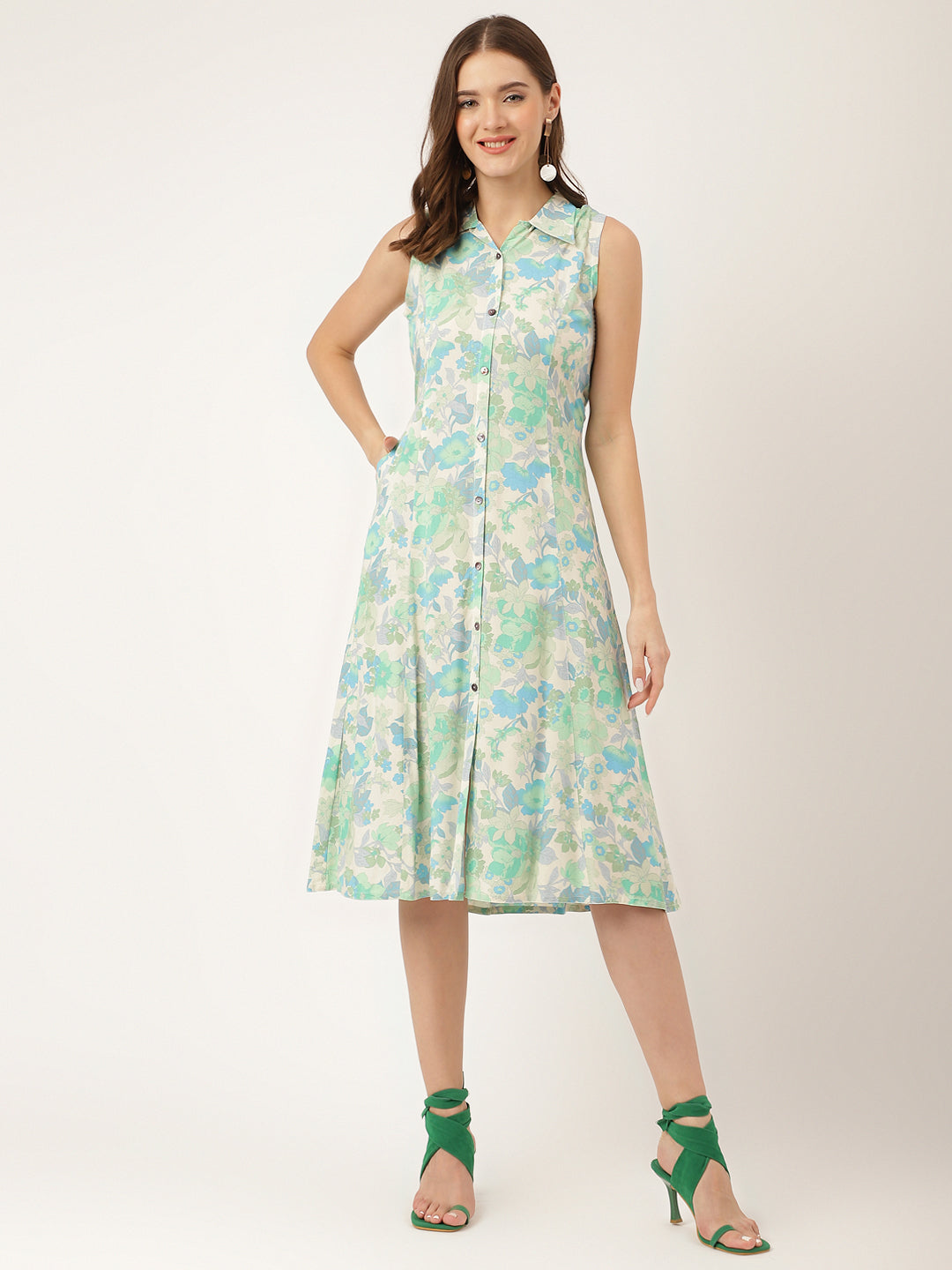 Women's Green Floral Print Rayon A-Line Midi Dress with Attached Sleeves for Women - Taantav