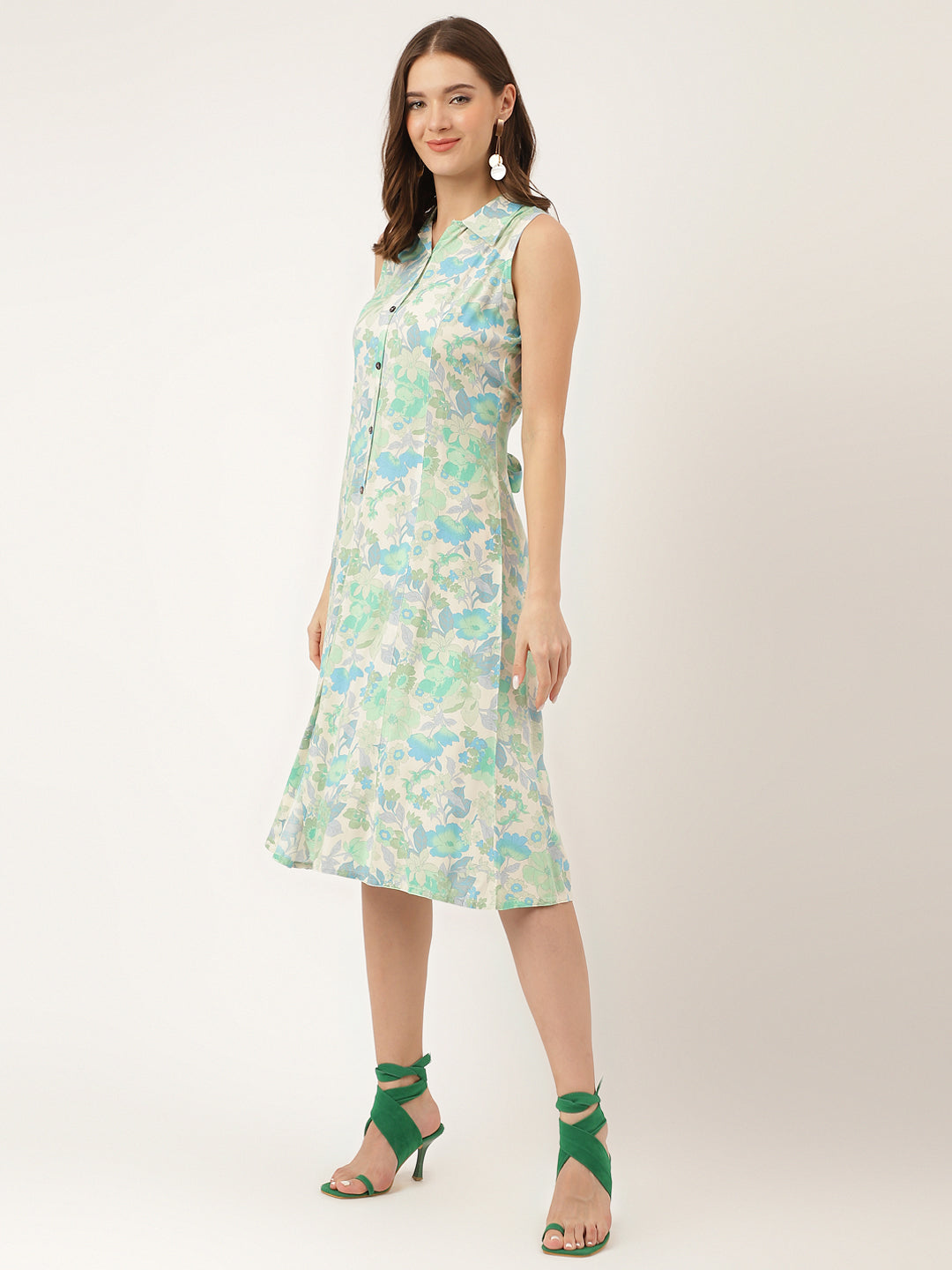 Women's Green Floral Print Rayon A-Line Midi Dress with Attached Sleeves for Women - Taantav