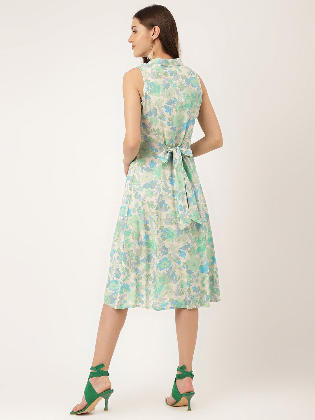 Women's Green Floral Print Rayon A-Line Midi Dress with Attached Sleeves for Women - Taantav