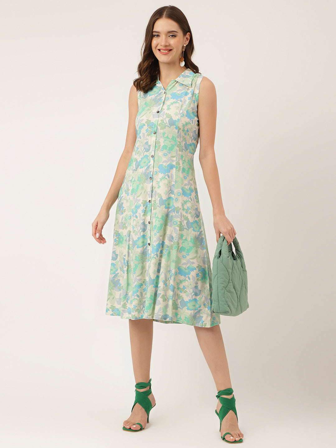 Women's Green Floral Print Rayon A-Line Midi Dress with Attached Sleeves for Women - Taantav