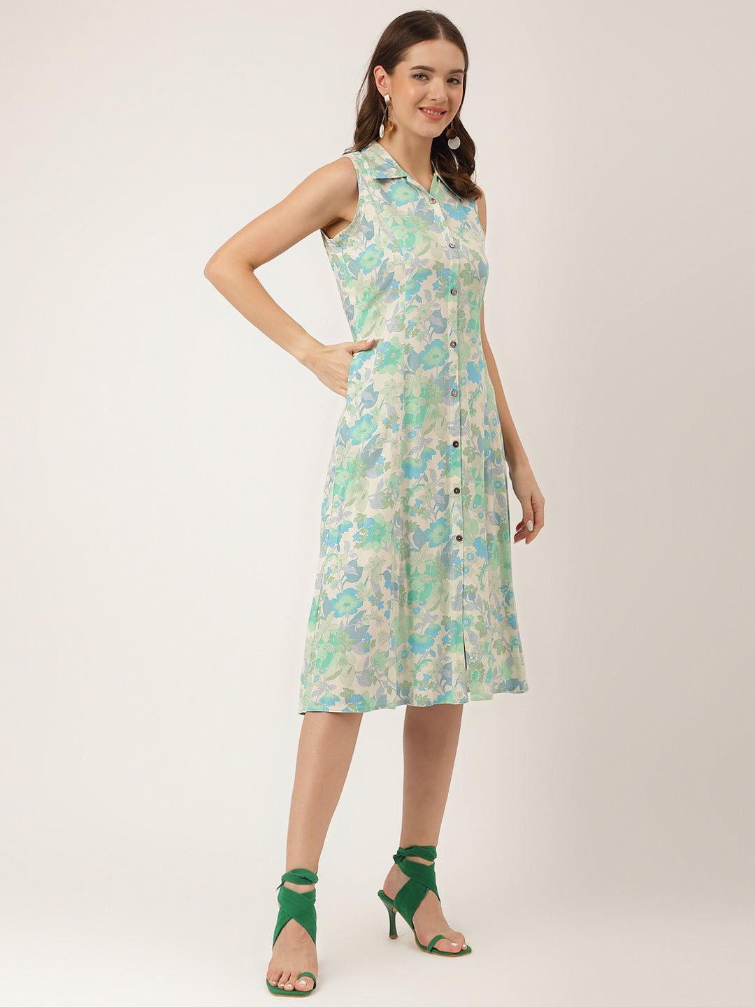 Women's Green Floral Print Rayon A-Line Midi Dress with Attached Sleeves for Women - Taantav