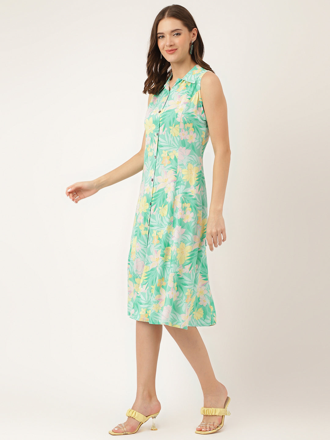 Women's Green Floral Print Rayon A-Line Midi Dress with Attached Sleeves for Women - Taantav