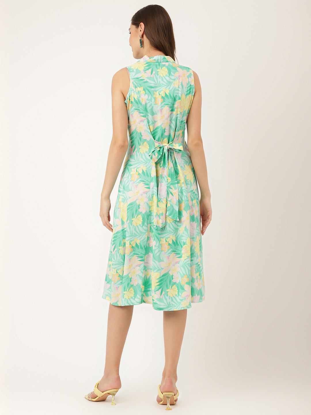 Women's Green Floral Print Rayon A-Line Midi Dress with Attached Sleeves for Women - Taantav