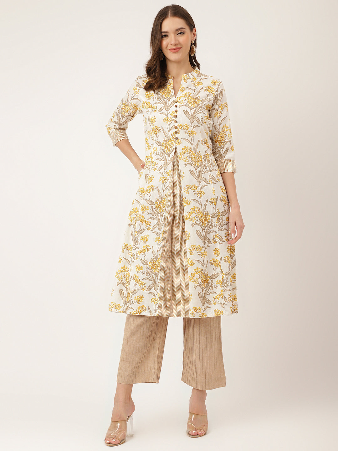 Women's Yellow Floral Print Cotton A-Line kurta - Taantav