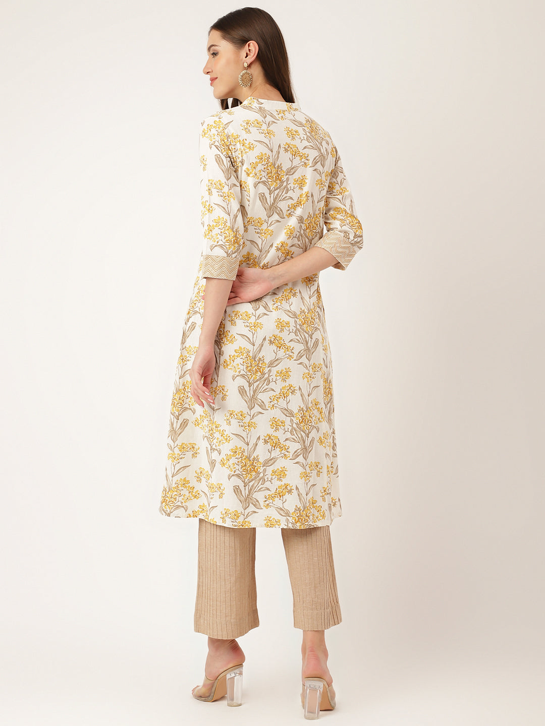 Women's Yellow Floral Print Cotton A-Line kurta - Taantav