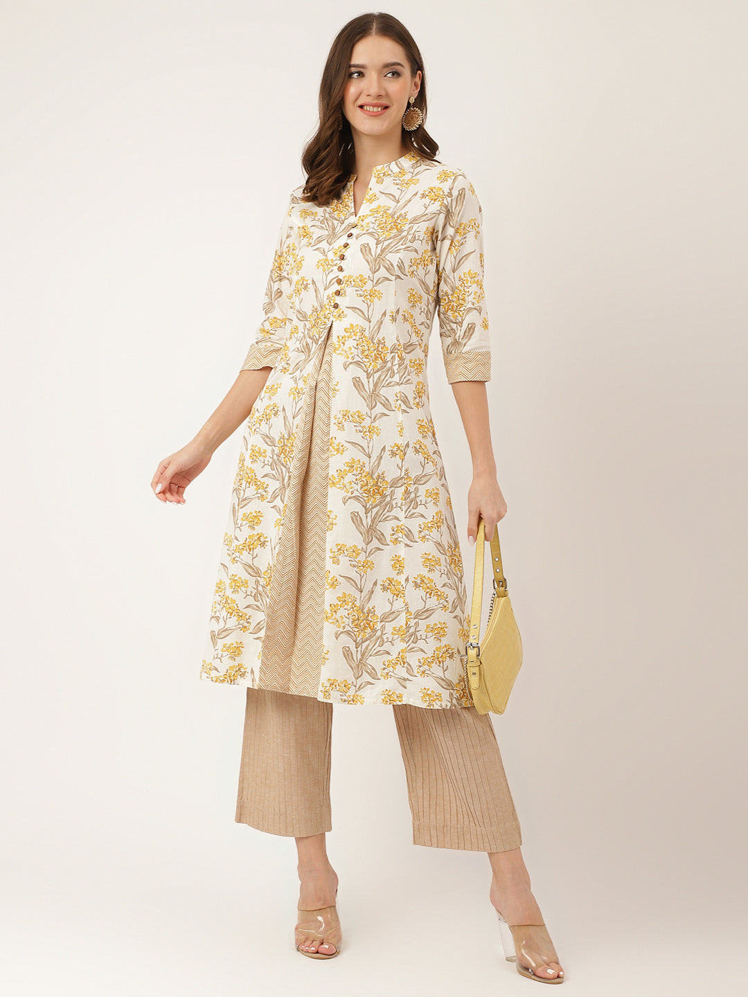 Women's Yellow Floral Print Cotton A-Line kurta - Taantav