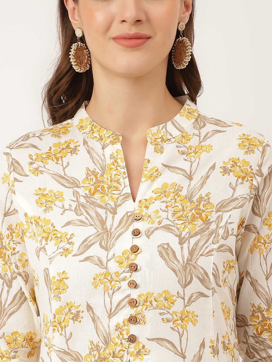 Women's Yellow Floral Print Cotton A-Line kurta - Taantav