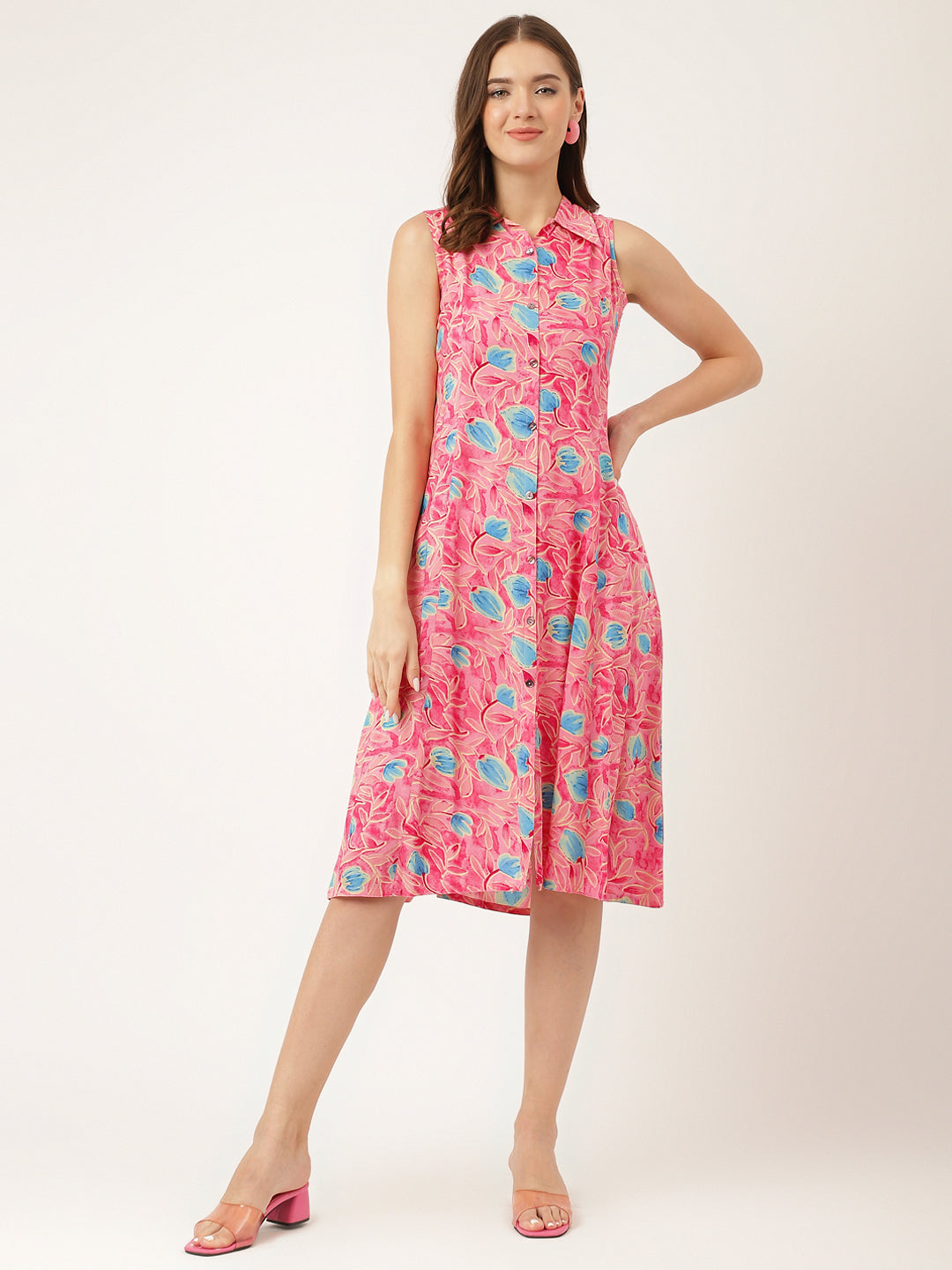 Women's Pink Floral Print Rayon A-Line Midi Dress with Attached Sleeves for Women - Taantav