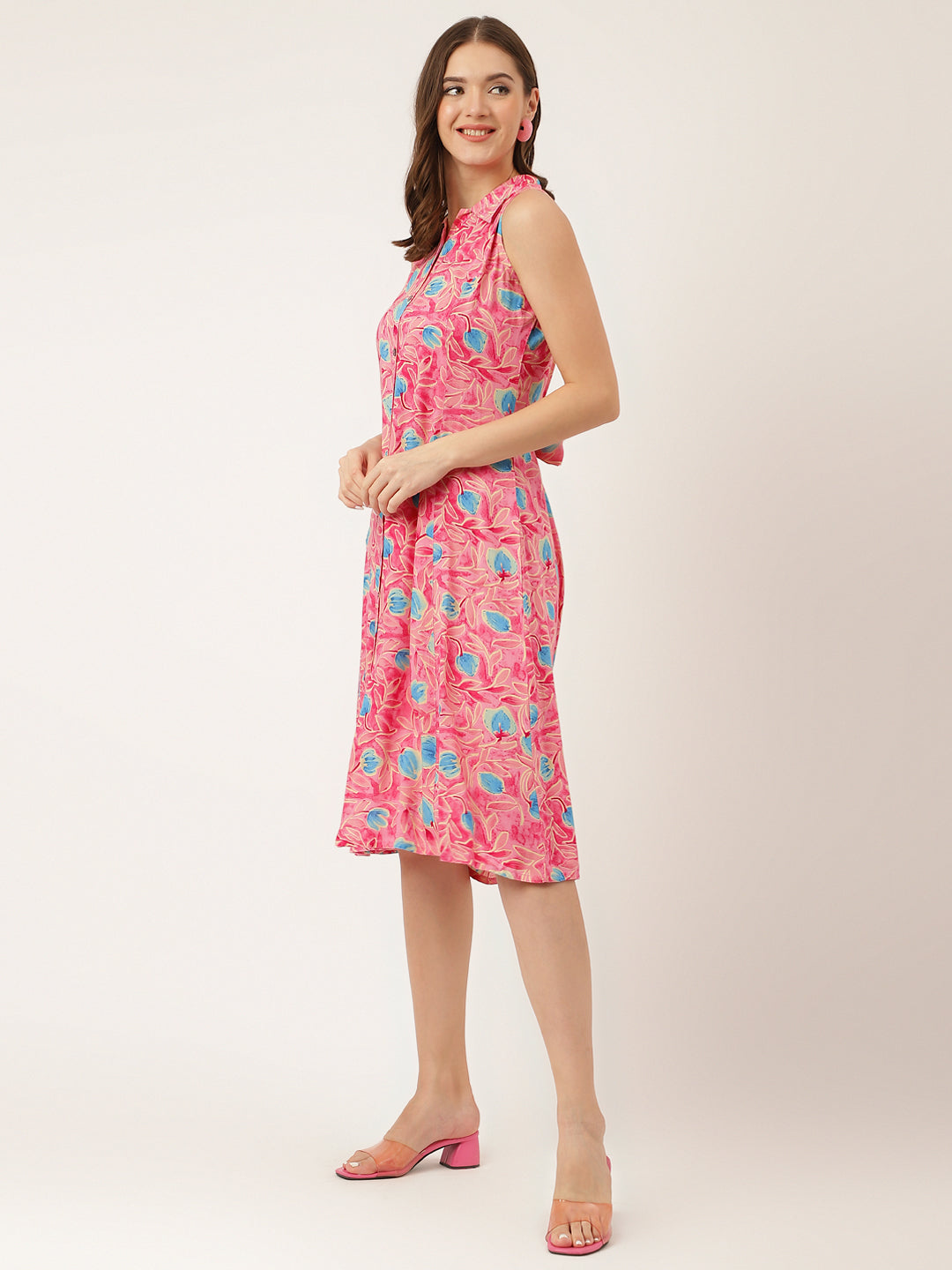 Women's Pink Floral Print Rayon A-Line Midi Dress with Attached Sleeves for Women - Taantav