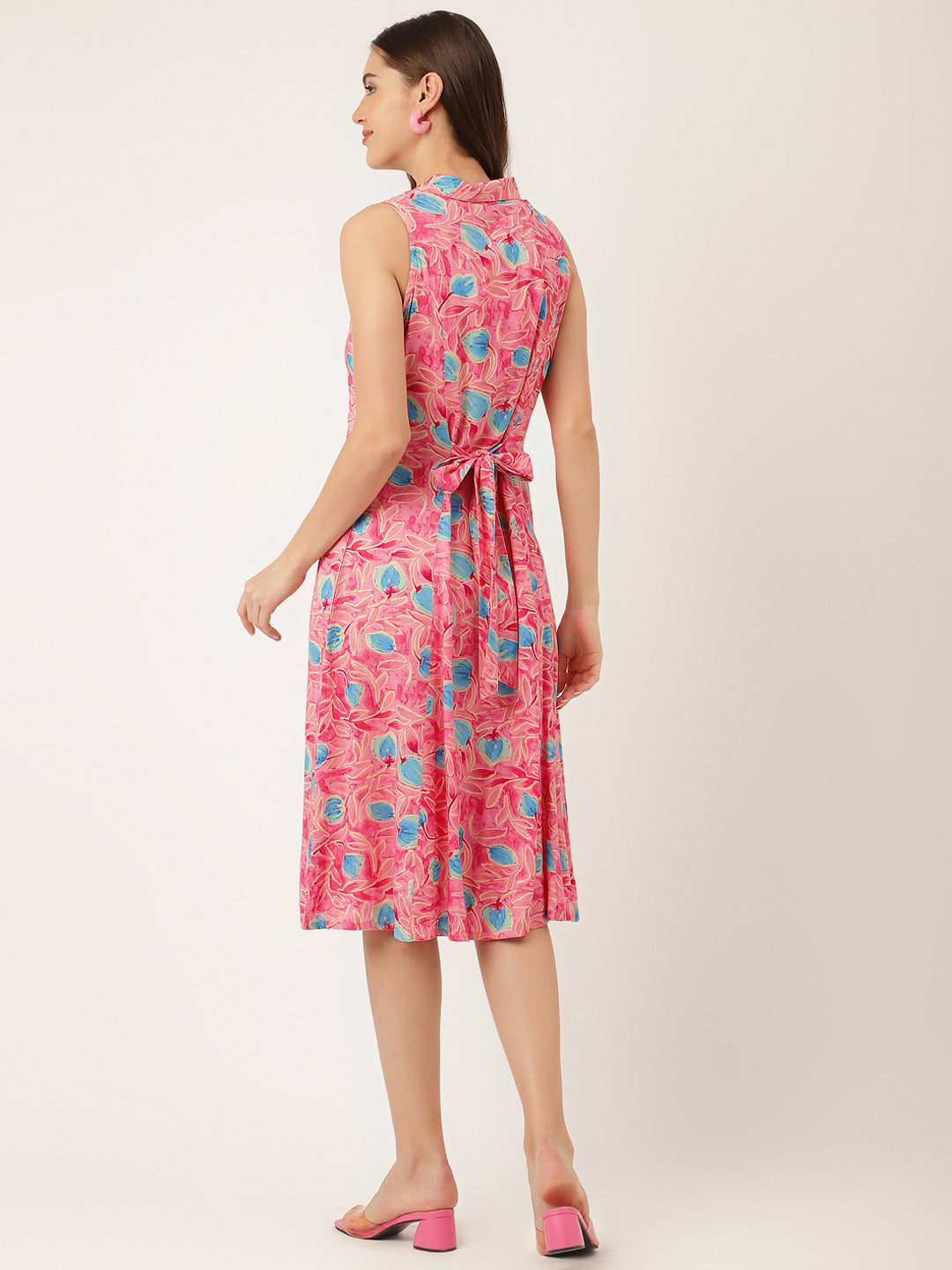 Women's Pink Floral Print Rayon A-Line Midi Dress with Attached Sleeves for Women - Taantav