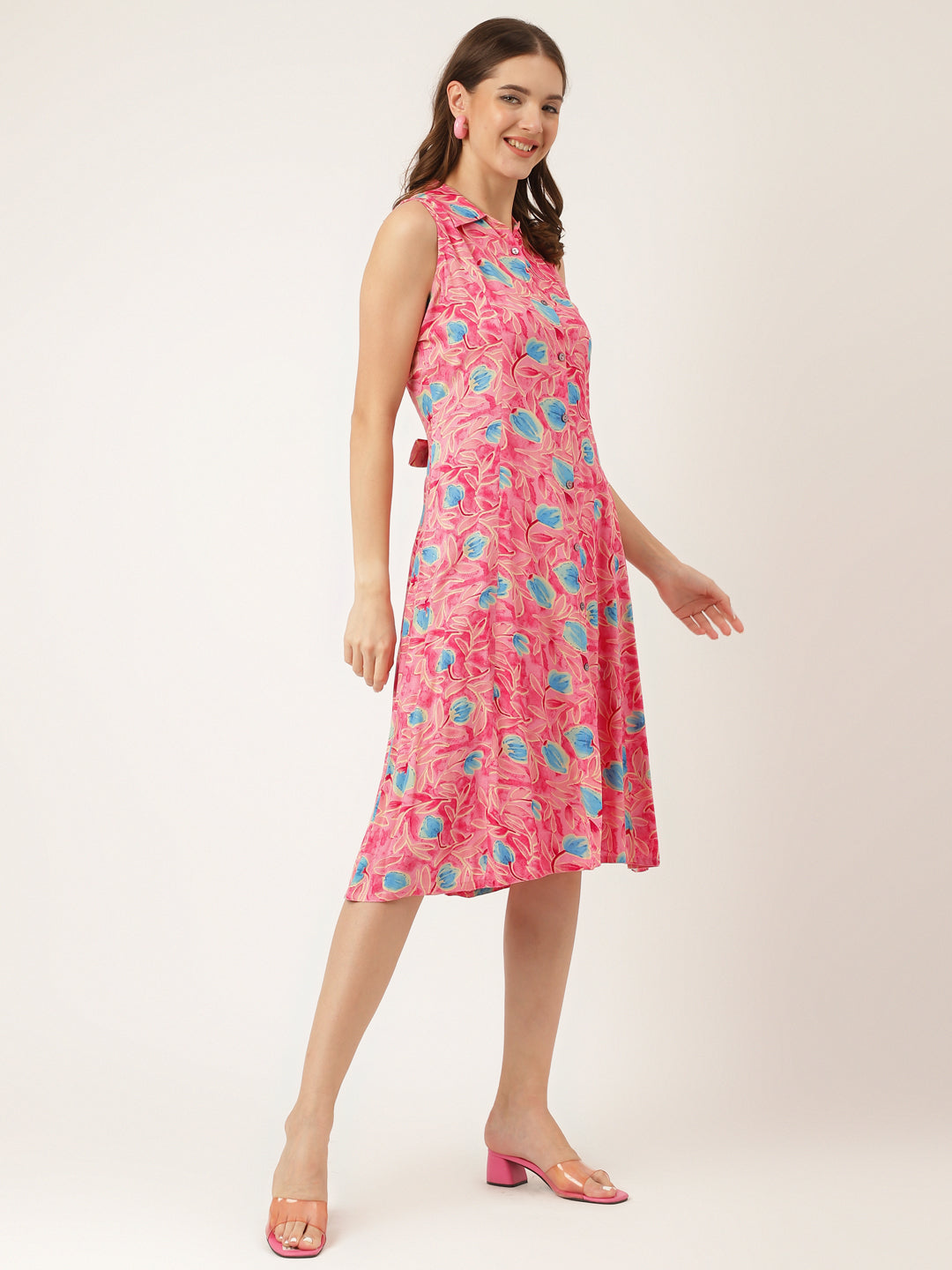 Women's Pink Floral Print Rayon A-Line Midi Dress with Attached Sleeves for Women - Taantav